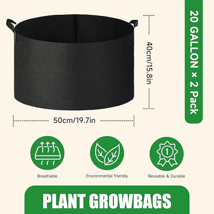 2-Pack 20 Gallon Fabric Grow Bags with Handle, Heavy Duty 300G Thickened Nonwoven with Handles and Reusable, Suitable for Garden Vegetables,Fruits and Flowers(Black)
