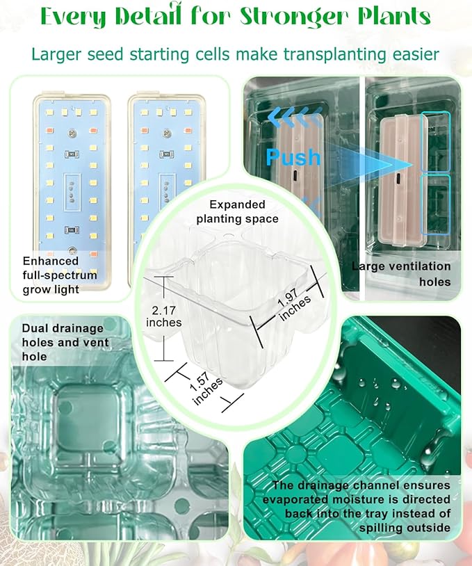 Seed Starter Tray with Grow Light (2x 24-LED), 2 Pack Seed Starter Kit with Humidity Domes and Timing Controller, Adjustable Brightness, Reusable Seedling Starter Tray, Thicken Seed Starting Trays