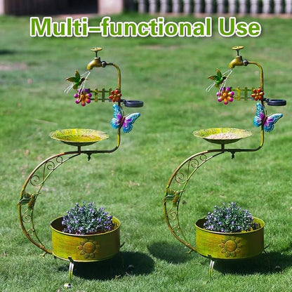 VEWOGARDEN Bird Bath for Outside, Solar Metal Outdoor Standing Birdbath with Flower Planter for Garden, Yard, Patio Decor, Green