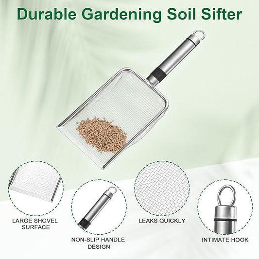1-Pack Gardening Soil Sifter, 2 mm Mesh Stainless Steel Sand Soil Compost Sieve with Stainless Steel Handle for Sand/Dirt/Rock Compost [Silver Tone]