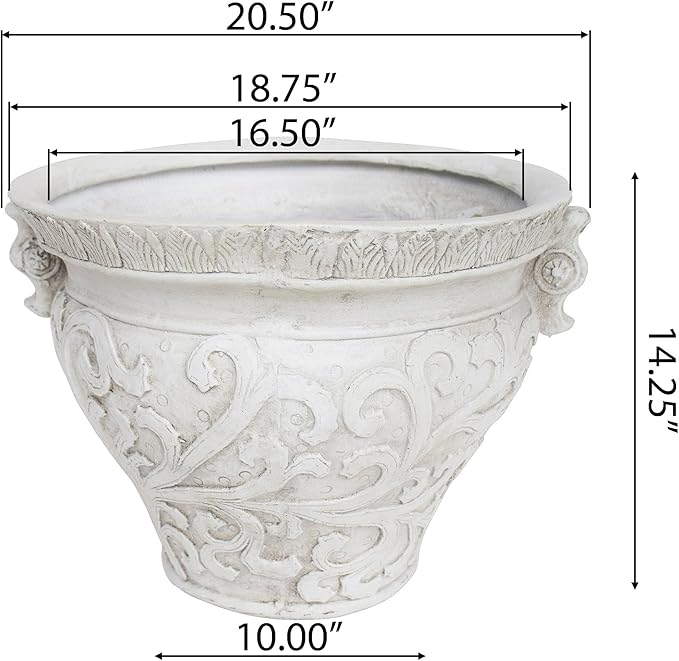 Christopher Knight Home Armis Round Concrete Planter, Indoor Outdoor Garden Plant Pot with Drainage Hole, Floral Relif Patio Urn Planter for Front Porch/Backyard, Outdoor Planter Box, Antique White