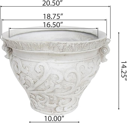Christopher Knight Home Armis Round Concrete Planter, Indoor Outdoor Garden Plant Pot with Drainage Hole, Floral Relif Patio Urn Planter for Front Porch/Backyard, Outdoor Planter Box, Antique White