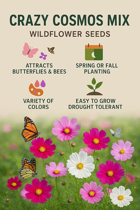Crazy Cosmos Mix Wildflower Seeds for Planting – 1 oz – 5000+ Seeds, Easy to Grow, Attracts Butterflies, Multiple Colors
