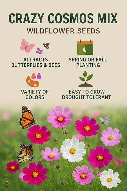 Crazy Cosmos Mix Wildflower Seeds for Planting – 1 oz – 5000+ Seeds, Easy to Grow, Attracts Butterflies, Multiple Colors
