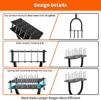 Lawn Aerator Tool (Pre-Assembled), 16 Iron Spikes with Spring-Loaded Auto Cleaning, Ergonomic T-Handle, Manual Grass Aerators for Lawn, Yard, Garden Soil Loosening & Aeration, Gloves Included (Black)