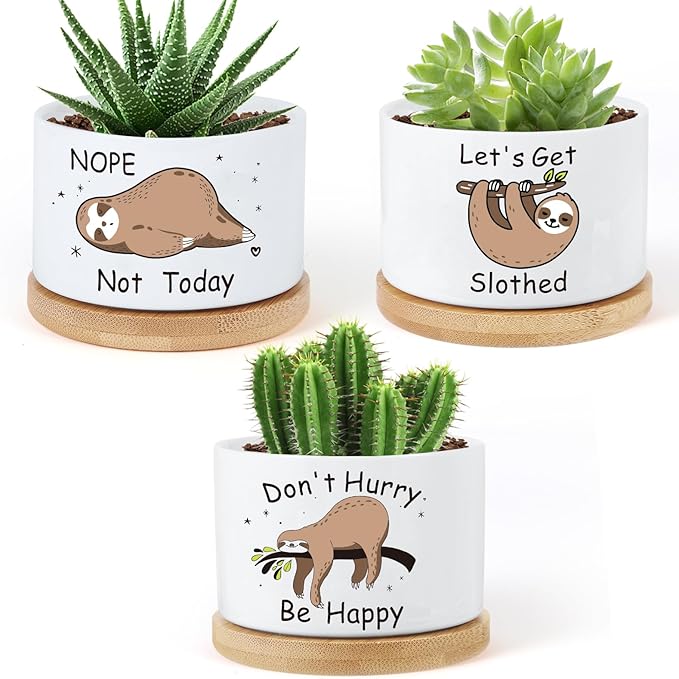 3 Pcs Sloth Ceramic Plant Pots,Funny Planter Gifts for Women,for Indoor Plants Garden Planters Succulent Pots, with Drainage Holes and Saucer(No Plants) (Sloth)