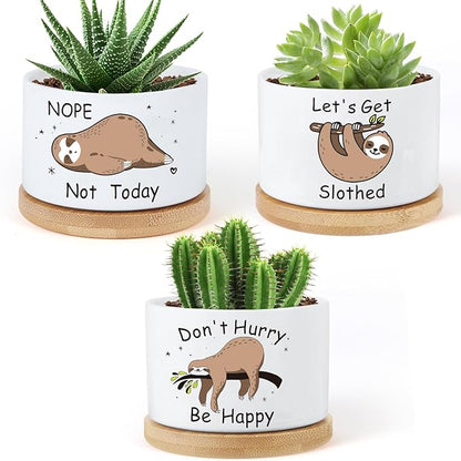 3 Pcs Sloth Ceramic Plant Pots,Funny Planter Gifts for Women,for Indoor Plants Garden Planters Succulent Pots, with Drainage Holes and Saucer(No Plants) (Sloth)