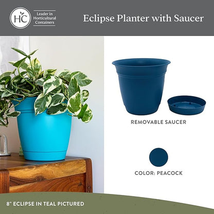 The HC Companies 6 Inch Eclipse Round Planter Pots with Drainage Holes & Attached Saucer, Lightweight UV-Resistant Plastic Indoor Outdoor Planters, 4-Pack Flower Pots for Garden & Home Decor, Peacock