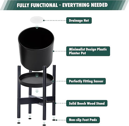 D'vine Dev Planter Pot with Stand - 8 Inch Plastic Cylinder Flower Pot with Wood Planter Holder for Indoor, Matte Black Pot + Ebony Stand, 55-C-K-2