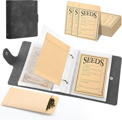 Seed Storage Organizer Binder, Leather Seed Packet Organizer with 50 Pack Seed Envelopes, Garden Seed Storage Holder Book, Plant Seed Saver, Flower Seed Keeper, Black, 3.1 x 4.7 Inch Seed Envelopes