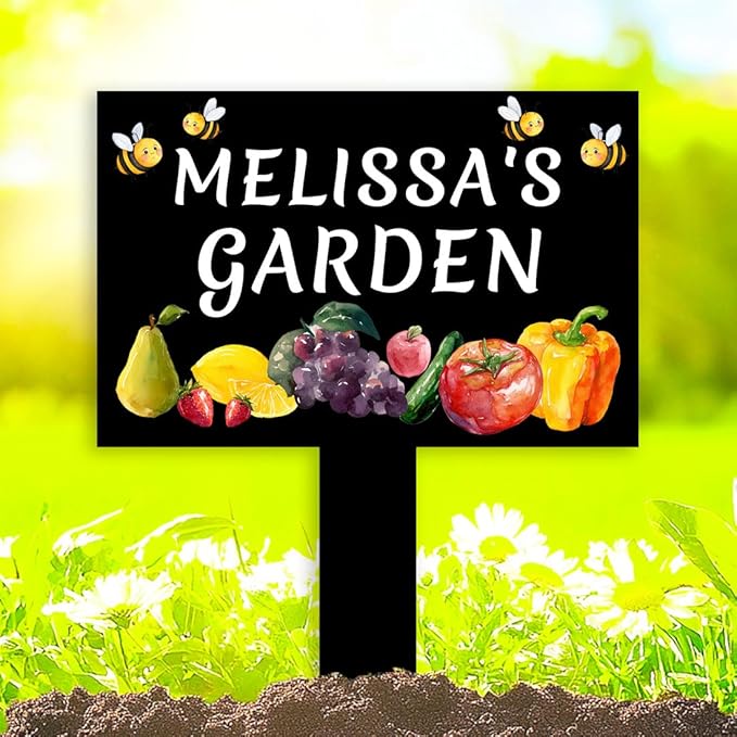 Personalized Bees Fruits Vegetable Garden Sign with Stake, Custom Metal Orchard Sign for Outdoor Farmhouse Yard Decor Lawn Art Housewarming Gift, Customized Vegetable Garden Stake Signs