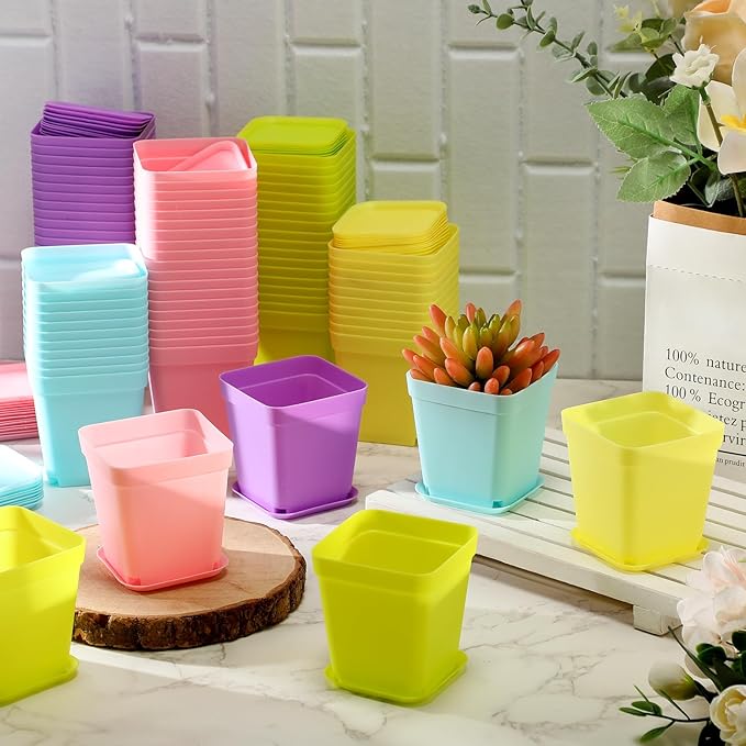 Tioncy 100 Pcs 3 Inch Mini Plant Pots with Tray, Colorful Plastic Plant Pots Flower Seedling Pots Nursery Pots with Saucers for Garden, Indoor Outdoor, Home, Office, Balcony Decor