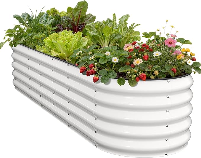 Galvanized Raised Garden Bed, 8x2x1.5 FT Oval Metal Planter Box for Outdoor, 18” Raised Beds for Gardening Vegetables Flower Herb(White)