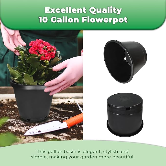 Plant Pots Flower Pot 10-Pack 10 Gallon Planter Nursery Pot Garden Seedling Planters Containers Plastic Injection Molded Pots with Drainage Holes for Outdoor Indoor Plants Vegetables, Black