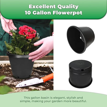 Plant Pots Flower Pot 10-Pack 10 Gallon Planter Nursery Pot Garden Seedling Planters Containers Plastic Injection Molded Pots with Drainage Holes for Outdoor Indoor Plants Vegetables, Black