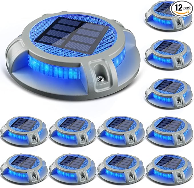 SIEDiNLAR Solar Driveway Lights Outdoor 4 Modes 40 LEDs Deck Driveway Markers Marine Dock Light Waterproof for Ground Walkway Pathway Step Garden Yard, Blue/White Dynamic Lighting (12 Pack)