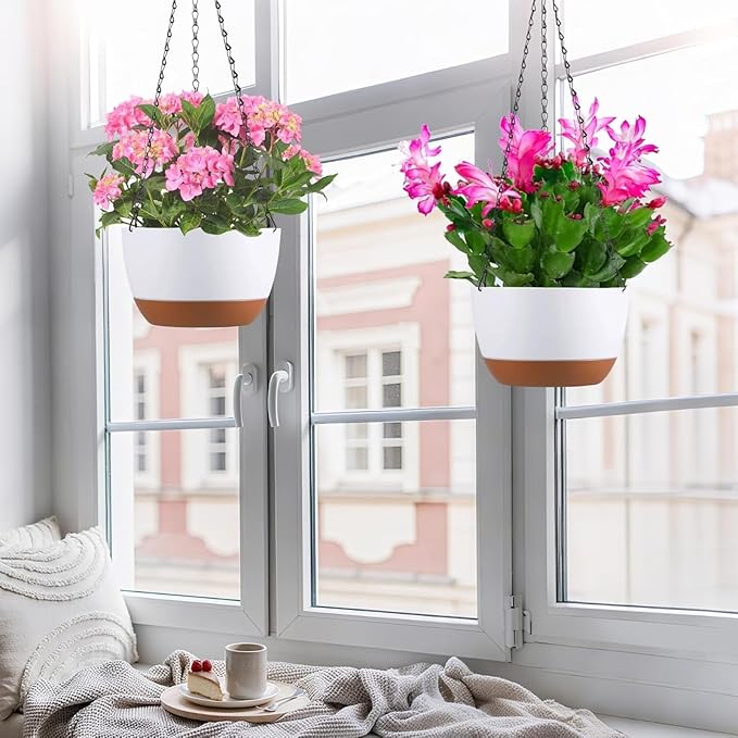 Hanging Planters for Indoor Plants, Set of 2 8/10 Inch Self-Watering Hanging Pots with Drainage Hole & Removable Water-Storage Tray II Screw-in Hooks II