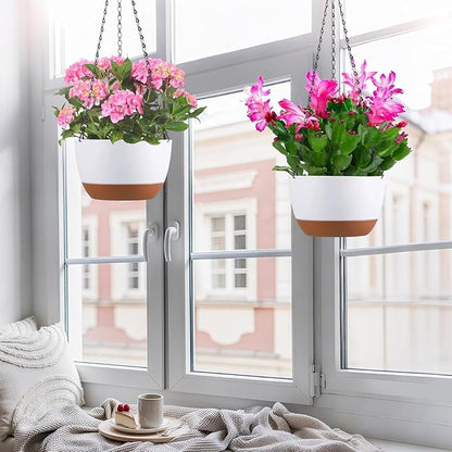 Hanging Planters for Indoor Plants, Set of 2 8/10 Inch Self-Watering Hanging Pots with Drainage Hole & Removable Water-Storage Tray II Screw-in Hooks II