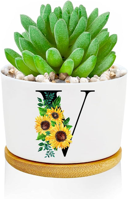Sunflower Succulent Plant Pots 3 Inch Ceramic Cactus Flower Pots Personalized Initials V Sunflower Gifts for Women Mom Sister,Birthday Housewarming,Wedding,Window Garden Desk Decor