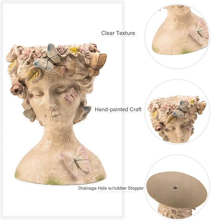 Face Flower Pot Head-Planters Succulent - 10 Inch Garden Resin Face Planter with Drainage Hole for Indoor and Outdoor Plant 7.75 * 6.75 * 10 Inch