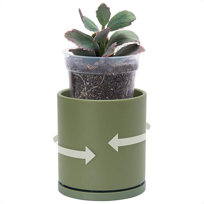 D'vine Dev Double-Layer Planter Set – Rotating Plastic Cachepot with Clear Inner Liner for Root Health, Perfect for Indoor Plants, 4.5", Olive, 73-U-C-1
