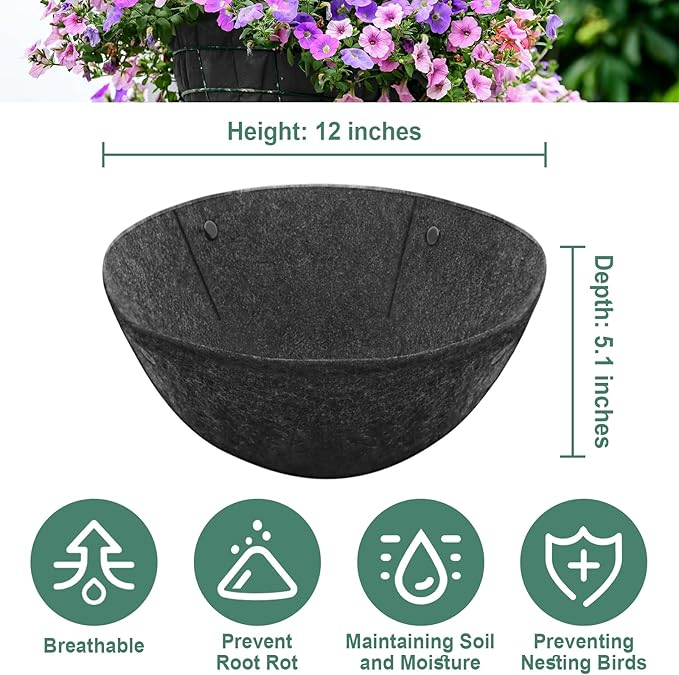 Riare 2 Pack 14 Inch Round Fabric Planter Basket Liner- Hanging Basket Liners Replacement Coco Fiber Liner Alternative for Hanging Basket Flowers (Prevent Birds from Nesting)