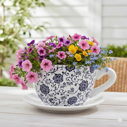 7.5" Ceramic Teacup Planter Pot with Saucer | Ideal for Succulents, Orchids, Herbs & Flowers | Indoor Use| Gift for Valentine's Day, Gift Basket, Sympathy & More – White Blue Floral