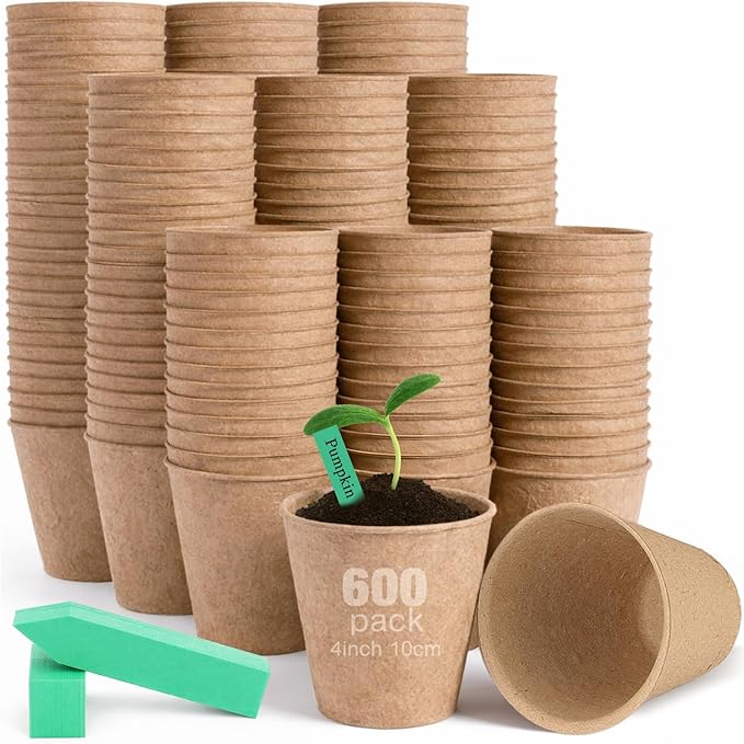 600 Pack 4" Peat Pots Round Biodegrade Plant Starter Seed Nursery Pots with 120 Labels for Garden Germination