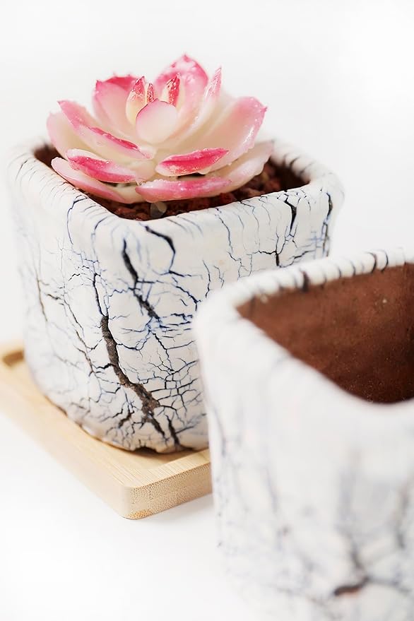 Arktiva Ceramic Planter Pots w/Drainage, 3 Inch Set of 2, Indoor Outdoor Home Patio Garden Plants Flower Succulent, Crackle-Texture Square