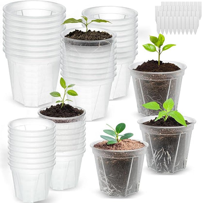 Clear Nursery Pots with Drainage, 40 Pack Transparent Plastic Orchid Planters, 3 Sizes Plant Pots 6/5/4 Inch with 40 Plant Labels for Seedlings, Succulents, Indoor/Outdoor Repotting