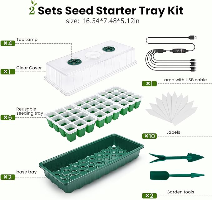 2 Packs Seed Starter Tray with Grow Lights, 72 Cells Silicone Seed Starter Kits with Humidity Dome, 3 Lights for Seed Starting, 4 Timing Set, 8 Full Spectrum Germination Kit for Plant Seeds