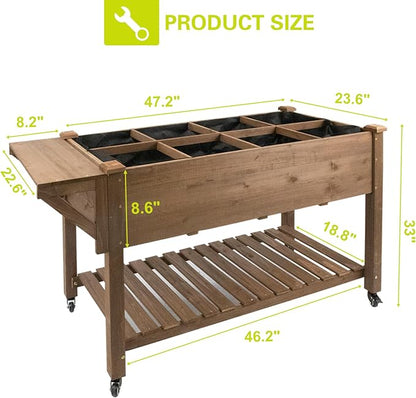 Raised Garden Bed,Herb Garden Planter Outdoor with Lockable Wheels, Storage Shelf, Protective Liner, for Herbs, Vegetables, Flowers,Outdoor Patio, Deck, Balcony，55.5x24x32 in