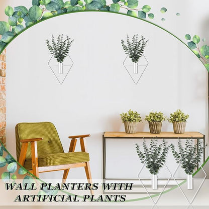 Jexine 4 Pcs Hanging Planters with Artificial Eucalyptus Metal Hanging Vase Indoor Plants Holder Modern Geometric Boho Bathroom Wall Decor for Living Room Home Office (Eucalyptus,White)