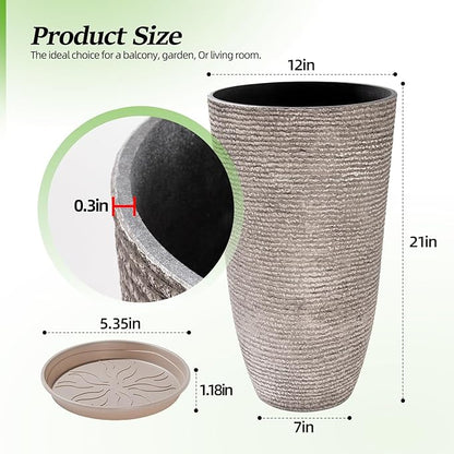 QCQHDU Set of 2 Oversized 9 Gallon Round Planters for Front Door & Patio - 12x21 Inch Tall Outdoor/Indoor Plant Pots with Drainage Tray, Gray Faux Stone Textured Tree Planters for Porch Decor