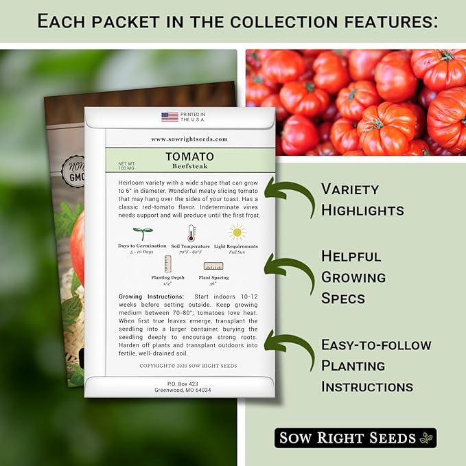 Sow Right Seeds - Beefsteak Style Tomato Seed Collection for Planting - Beefsteak, Kellogg's, Cherokee Purple, Mortgage Lifter & Ponderosa - Non-GMO Heirloom Varieties to Plant a Home Vegetable Garden
