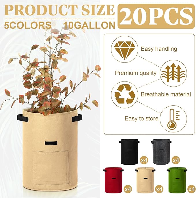 Yinder 20 Pcs 10 Gallon Potato Grow Bags with Flap and Handles Thickened Aeration Fabric Pots Garden Bags Potato Growing Containers Vegetable Garden Planter Bag for Plant Fruit(Classic Color)