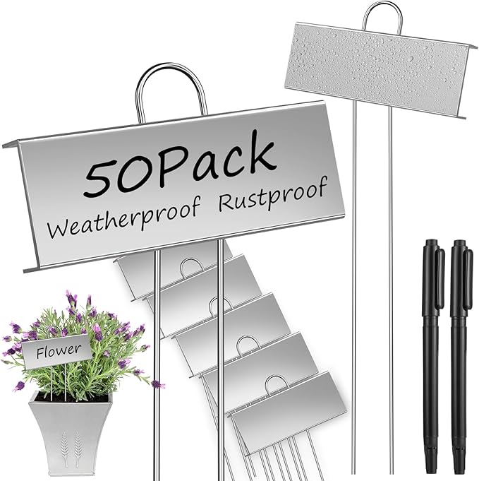 WSICSE 50-Pack Metal Plant Labels, 10.6" Waterproof Garden Markers with Pen Reusable Nursery Tags for Vegetables Flower Seed Greenhouse(Silver)