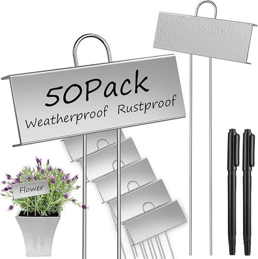 WSICSE 50-Pack Metal Plant Labels, 10.6" Waterproof Garden Markers with Pen Reusable Nursery Tags for Vegetables Flower Seed Greenhouse(Silver)