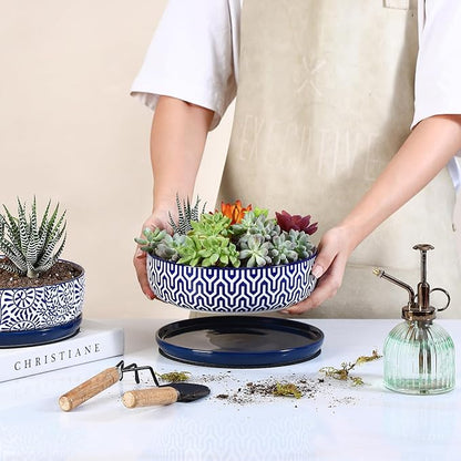 Selamica Ceramic Succulent Pots, Shallow Succulent Planters with Drainage Hole & Saucer, Indoor Plant Pots for Cactus, Home Decor，Vintage Blue, 8 inch，Set of 2
