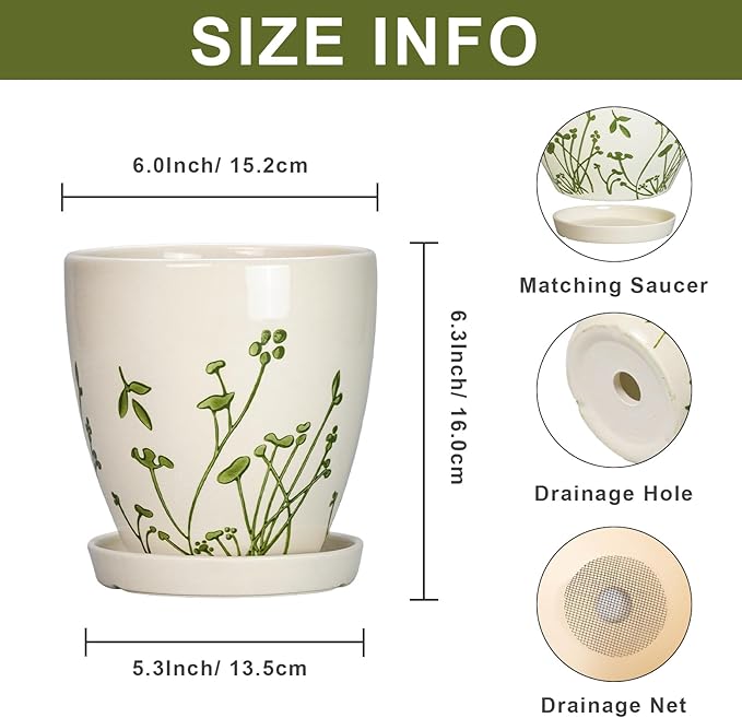 6 Inch Plant Pot - Ceramic Pots for Plants with Drainage Hole and Saucer, Ceramic Succulent Pots for Indoor Outdoor, Decorative Boho Planter, Housewarming Gifts, Garden Room Home Decor, White