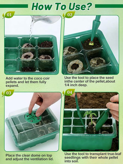 Apipi 5 Pack Seed Starter Kit with 60 Coco Coir Pellets - 60 Cell Seed Starter Trays with Domes for Indoor Greenhouse Germination, Home Gardening System for Vegetables/Herbs/Flowers