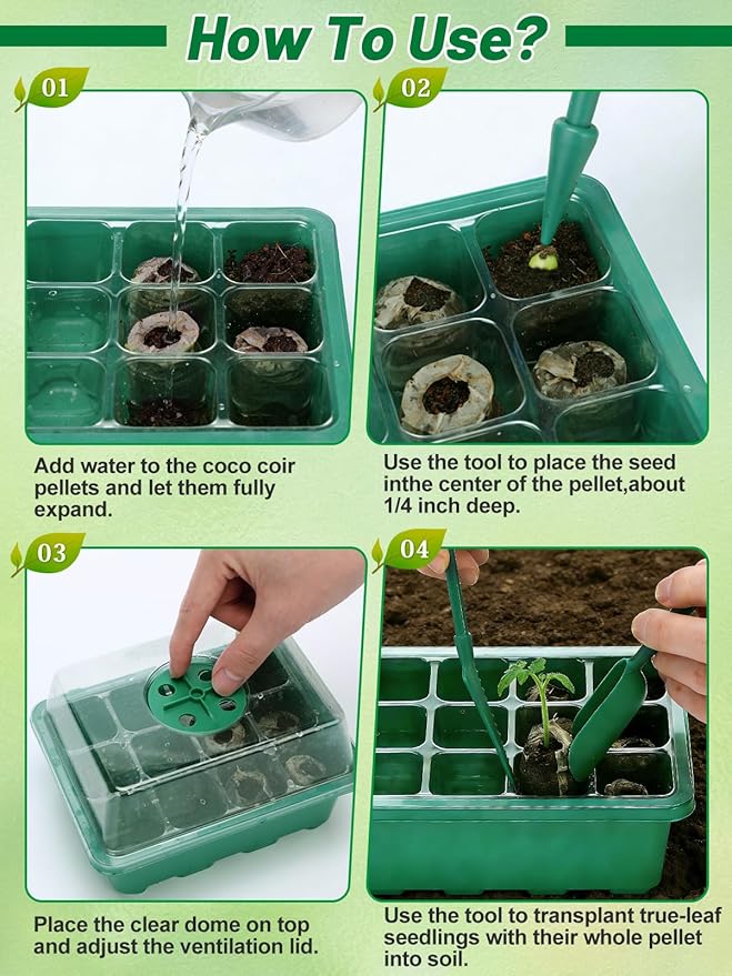 Apipi 3 Pack Seed Starter Kit with 36 Coco Coir Pellets - 36 Cell Seed Starter Trays with Domes for Indoor Greenhouse Germination, Home Gardening System for Vegetables/Herbs/Flowers
