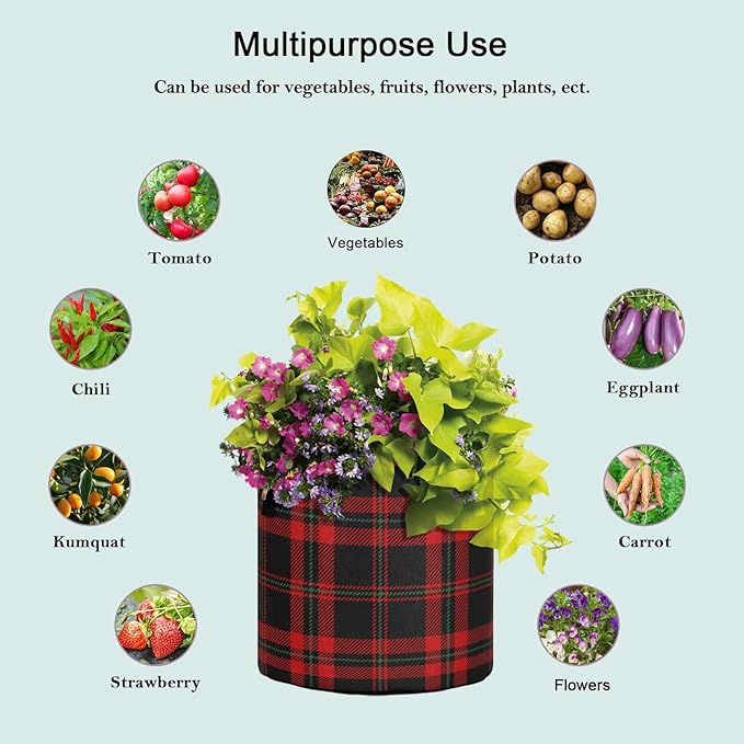 10 Gallon Black Red Tartan Plaid Scottish Pattern Breathable Grow Bag Heavy Duty Thickened Plant Pot Containers Bag with Handles for Potato Tomato Flowers Fruits Vegetables