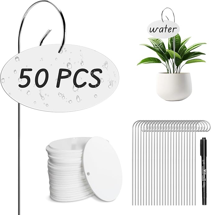 50 Pcs Plant Labels, Acrylic Plant Labels Stainless Steel Stake for Outdoor Garden Waterproof, Plant Tags with Pen for Seed, Potted Plant, Flower