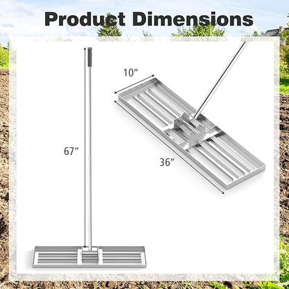 36" x 10" Lawn Leveling Rake, Heavy Duty Landscape Rake with 67" Handle, Non-Slip Grip & Flat Head, Space-Saving Lawn Level Tool for Garden, Backyard, Golf Course & Sports Field(Silver)
