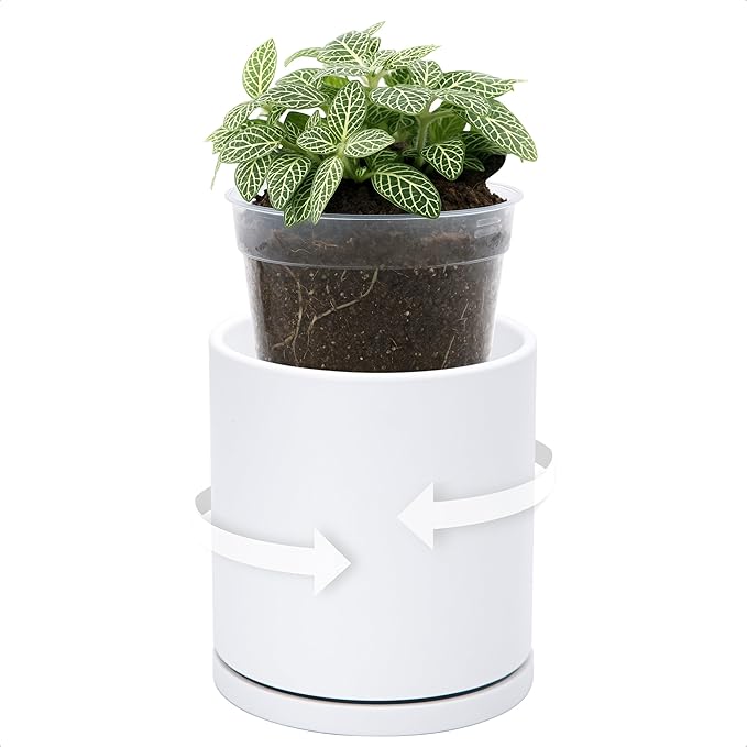 D'vine Dev Double-Layer Planter Set – Rotating Plastic Cachepot with Clear Inner Liner for Root Health, Perfect for Indoor Plants, 4.5", White, 73-U-A-1
