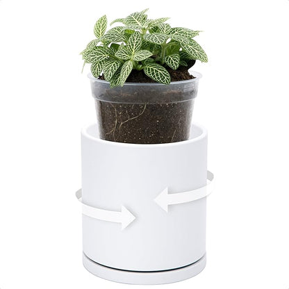 D'vine Dev Double-Layer Planter Set – Rotating Plastic Cachepot with Clear Inner Liner for Root Health, Perfect for Indoor Plants, 4.5", White, 73-U-A-1