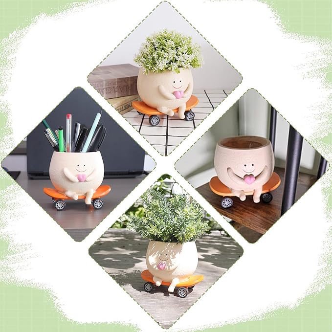 Funny Smily Face Planter Pot with Drainage Hole for Indoor and Outdoor Unique Resin Rolling Skate-Shaped Succulent Flower Pots Novelty Gift for Valentine's Day, Home Decors