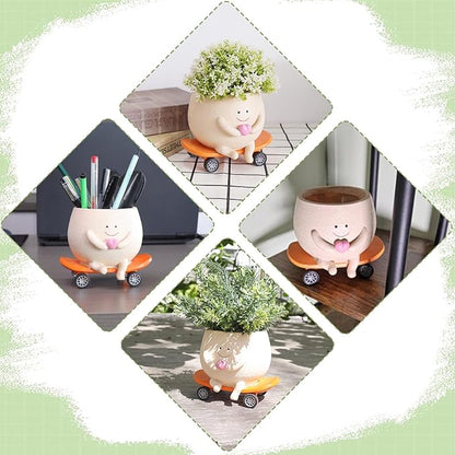 Funny Smily Face Planter Pot with Drainage Hole for Indoor and Outdoor Unique Resin Rolling Skate-Shaped Succulent Flower Pots Novelty Gift for Valentine's Day, Home Decors