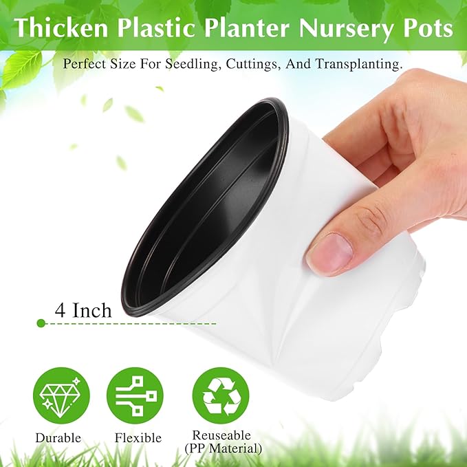 Havawish 150 Pcs 4 Inch Plastic Nursery Pots Seedling Starting Pots with Drainage Holes Thicken Flower Planters Seed Starting Indoor Outdoor for Seedling Cutting Transplanting (White)